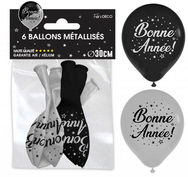 SACHET 6 BALLONS BONNE ANNÉE ARGENT / NOIR