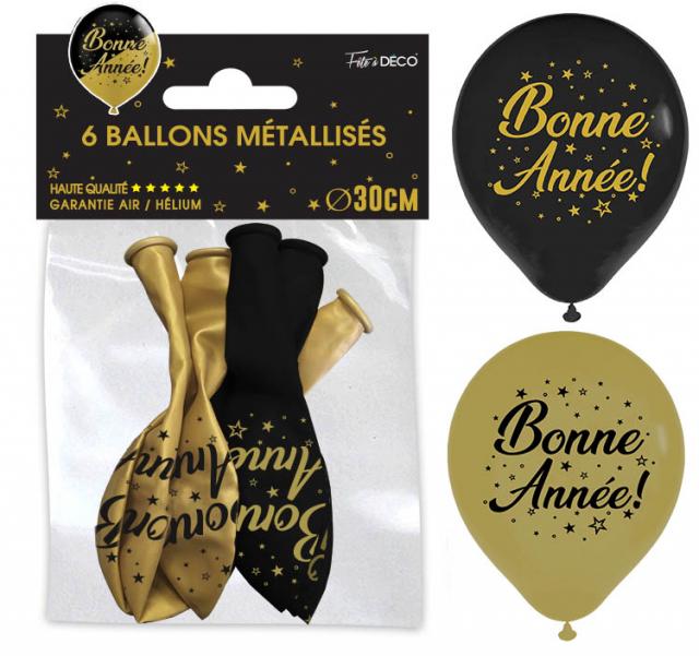 SACHET 6 BALLONS BONNE ANNÉE DORE / NOIR
