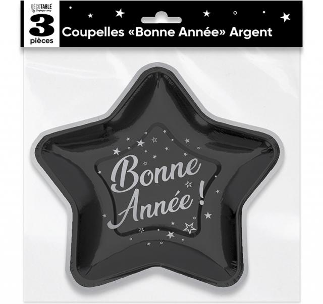 COUPELLES X 3 ETOILE BONNE ANNÉE NOIR / ARGENT